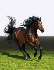 Obraz premium Powerful brown horse running across green grass with mane flying in motion