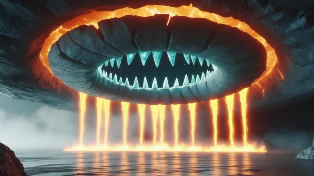 Jagged stone maw with lava flow and icy teeth above misty landscape