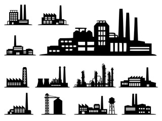 Fototapeta premium Factory, power plant industrial icons. Factory, power plant, oil refinery and oil processing plant industrial icon.
