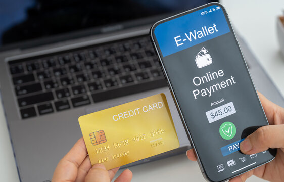 E-wallet payment, credit card transaction and digital finance concept, woman holding smartphone and credit card making secure online shopping purchase, fintech, e-commerce and digital wallet payment
