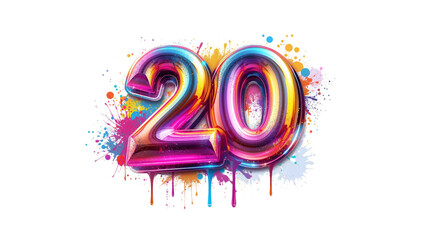 Colorful Number 20 with Paint Splatter Design