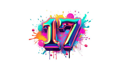 Vibrant Number Seventeen Colorful 3D Render with Paint Splatter