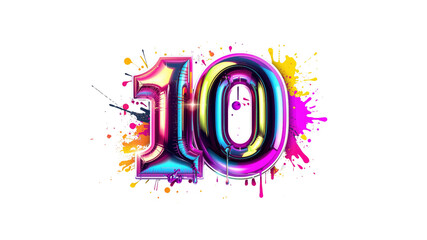 Ten, Colorful Balloon Number 10 with Paint Splatter Background