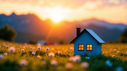 Tiny house in flower field with mountain view