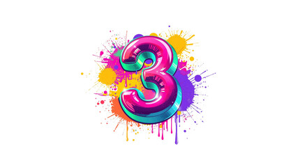 Vibrant 3D Number Three with Colorful Paint Splatter Background