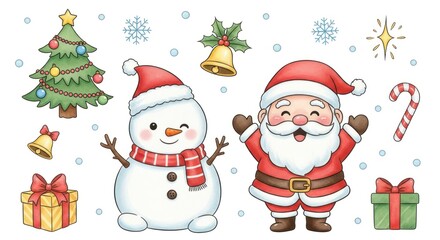 Festive Christmas characters, including a cheerful snowman, Santa Claus, Christmas tree, and gifts, create a joyful and colorful holiday scene.