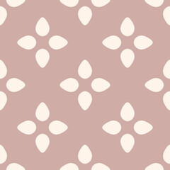 Simple floral seamless pattern. Cute vector geometric texture with leaves, bold flower silhouettes, petals. Retro nostalgic mid-century style background. Soft pink color. Repeating minimal design