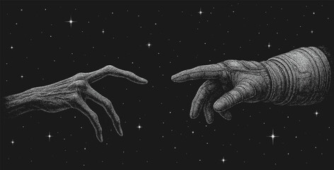 Black and white vector illustration of an Alien hand reaching toward a astronaut human hand,representing cosmic connection, creation and contact between extraterrestrial life and humanity