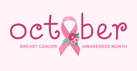 October breast cancer awareness month horizontal banner. Concept of pink ribbon decorated with a floral arrangement