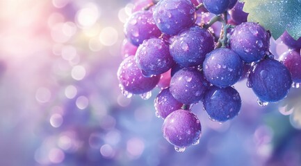Close-up of a cluster of ripe, dark purple grapes glistening with water droplets, set against a softly blurred background of bokeh lights suggesting an outdoor setting at sunrise or sunset