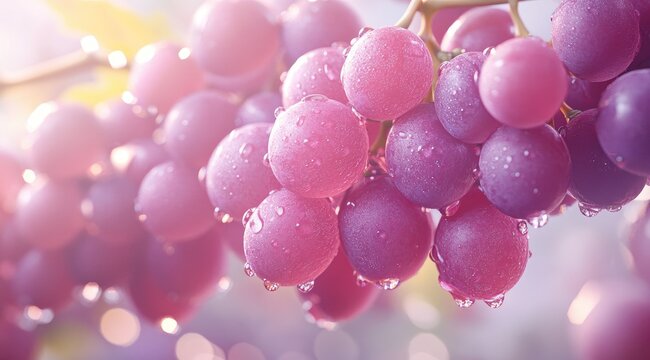 Close-up of a cluster of pink grapes glistening with water droplets, illuminated by soft sunlight, set against a blurred background of vineyard foliage