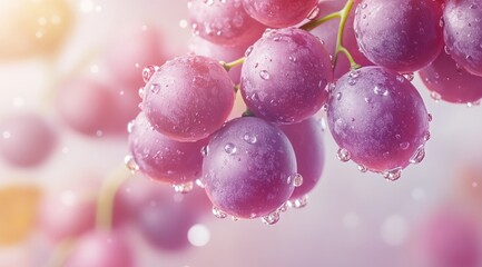 Close-up of a cluster of pink grapes, glistening with water droplets, set against a soft, blurred background of similar fruit