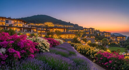 A hillside resort complex bathed in warm twilight light, showcasing a vibrant garden filled with colorful flowers and lavender.