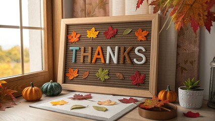 Autumn letterboard decorated with colorful leaves and seasonal decor expressing gratitude
