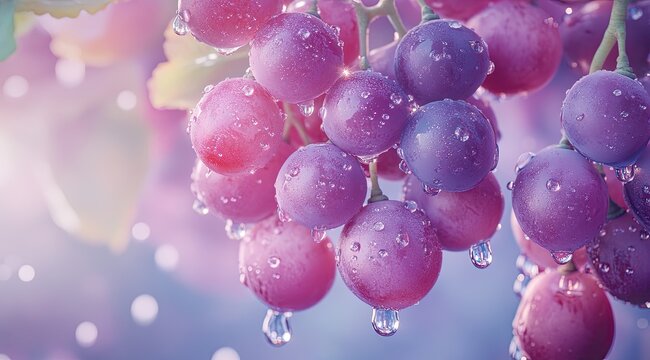Close-up of a cluster of ripe red and purple grapes glistening with water droplets, hanging from a vine against a soft-focus background - Powered by Adobe
