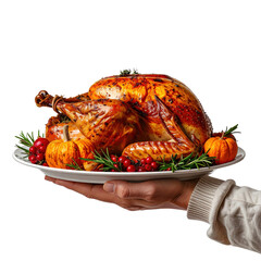 A whole roasted turkey with small pumpkins and cranberries on a white plate held by a hand isolated on transparent background. PNG die-cut for advertising