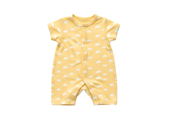 Charming yellow baby romper with white cloud pattern, isolated on transparent background, ideal for warm weather and comfortable playtime for your little one