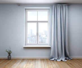A light-filled, minimalist interior space with a light gray window and curtains, showcasing a view of a city.