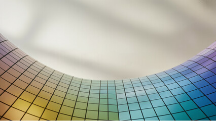 Curved colorful silicon wafer with grid pattern, abstract technology background
