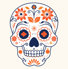 A happy, cartoon skull with a funny flower design is a cute, black illustration for a Halloween pattern