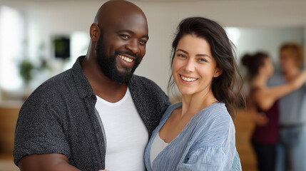 Obraz premium Inclusive dance class with diverse partners, including plus-size dancers and interracial pairs, diversity, inclusivity, plus-size models, interracial couples, dance diversity.