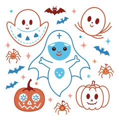 Cute vector seamless pattern with cartoon ghosts, pumpkins, and spooky spiders on a fun Halloween wallpaper design