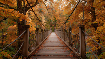 Fototapeta premium 秋色の森に続くまっすぐな吊り橋