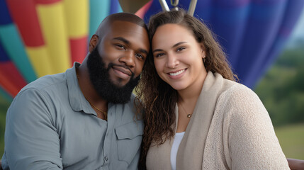 Plus-size interracial couple celebrating their anniversary with a hot air balloon ride, diversity, inclusivity, interracial couples, plus-size models, anniversary adventure.