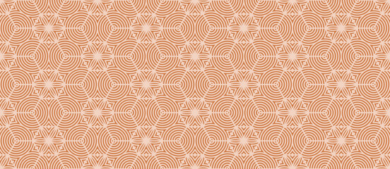 Vector geometric seamless pattern. Abstract vintage texture with hexagonal grid, curved lines, circles, flower silhouettes, lattice. Modern-retro style background. Repeating design for decor, print