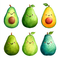Cute Kawaii Watercolor Avocados with Smiling Faces