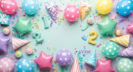 A cheerful and vibrant celebration scene, filled with pastel-colored balloons, party hats, confetti, and birthday numbers, creating a festive and happy ambiance.