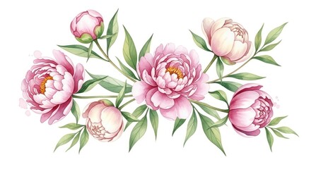 Delicate arrangement of pastel pink and white peonies with lush green foliage, showcasing a soft, floral design.
