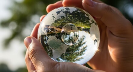 A crystal globe of the world held gently in the hands, reflecting a peaceful outdoor scene.