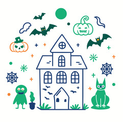 A whimsical vector cartoon of a small house with a glowing chimney nestled in a snowy Christmas forest under the night sky