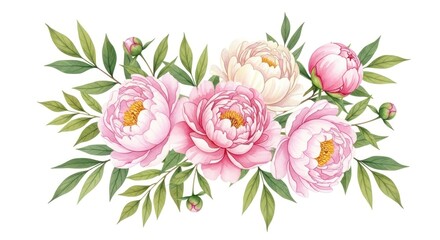 Delicate pink and cream peonies and leaves create a beautiful floral arrangement against a white background.