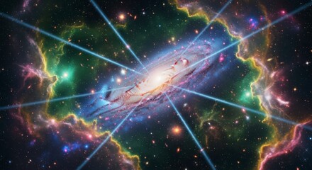A vibrant, colorful depiction of a galaxy, radiating beams of light, set against a backdrop of space.