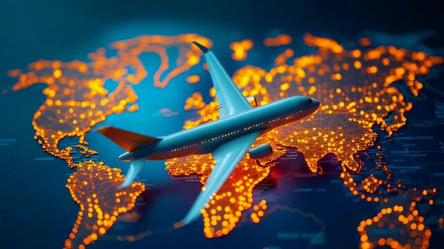 Passenger airplane flying over illuminated digital world map with glowing orange city lights highlighting global travel and international connection