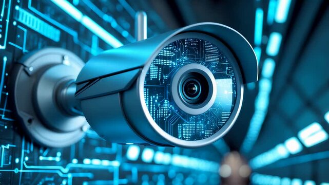 High tech security surveillance camera mounted on digital circuit wall with glowing blue lights showing advanced monitoring and protection system