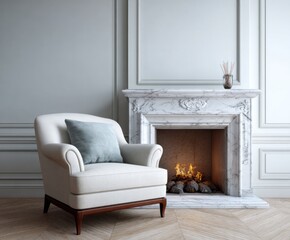 Fototapeta premium A classic, elegant living room scene showcasing a luxurious armchair, a marble fireplace, and a serene atmosphere.