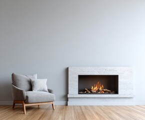 Fototapeta premium A minimalist living room with a modern fireplace and comfortable armchair features a calming, neutral color palette.
