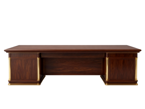 Elegant executive desk with rich wood grain and gold accents, perfect for a sophisticated office