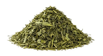 A vibrant mound of finely chopped green tea leaves stands out against a plain white background.