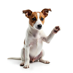 Funny Jack Russell Terrier dog raising paw for high five isolated on white background. Pet greeting gesture