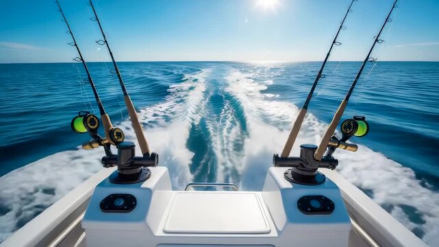 Deep sea fishing adventure on open ocean with fishing rods mounted on speedboat under bright sun and blue sky leaving foamy water trail