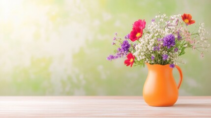 Bright orange pitcher filled with fresh wildflowers on wooden table