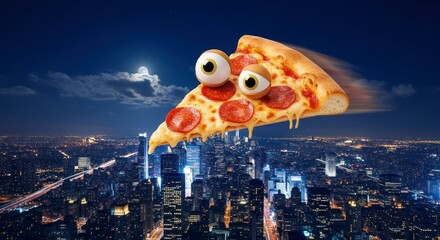 A slice of pizza with large eyes soars above a city at night, dripping with cheese.