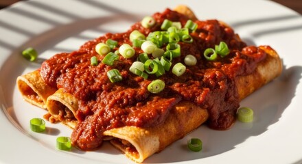 Three enchiladas, generously coated in a rich red sauce, topped with fresh green onions, sit invitingly on a white plate.
