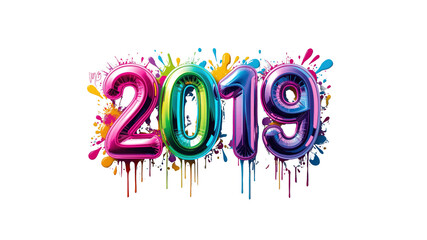 2019 Colorful Balloon Number Design with Paint Splatter Background