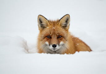 Obraz premium Red fox emerges from snow, winter scene, close-up portrait.