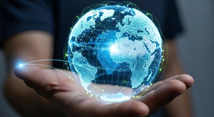 A digital representation of the globe displayed in a hand, showcasing interconnectedness and global communication.
